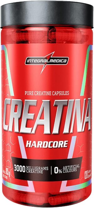 Creatina 120 Cápsulas Integralmedica. Embalagem vermelha vibrante com letras prateadas e tampa preta.