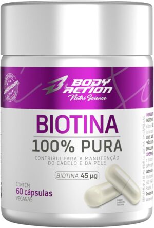 Frasco de suplemento Biotina 100% Pura Bodyaction com 60 cápsulas, focado em saúde capilar e fortalecimento de unhas.
