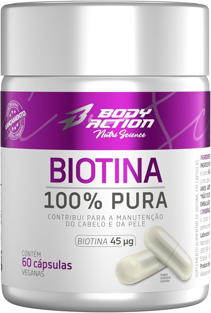 Frasco de suplemento Biotina 100% Pura Bodyaction com 60 cápsulas, focado em saúde capilar e fortalecimento de unhas.