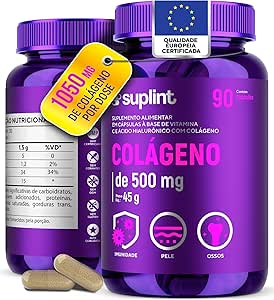 Colágeno Hidrolisado com Ácido Hialurônico e Vitamina C em embalagem roxa, posicionado sobre fundo branco em listagem de e-commerce