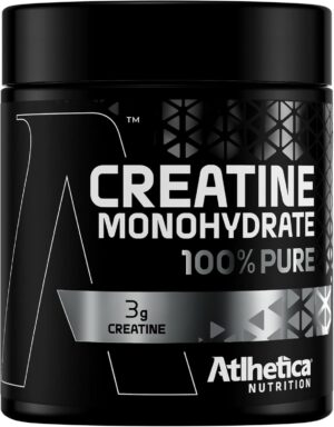 Creatina Atlhetica 300g. Pote 300g 100% pura em fundo branco com rótulo preto e prata.