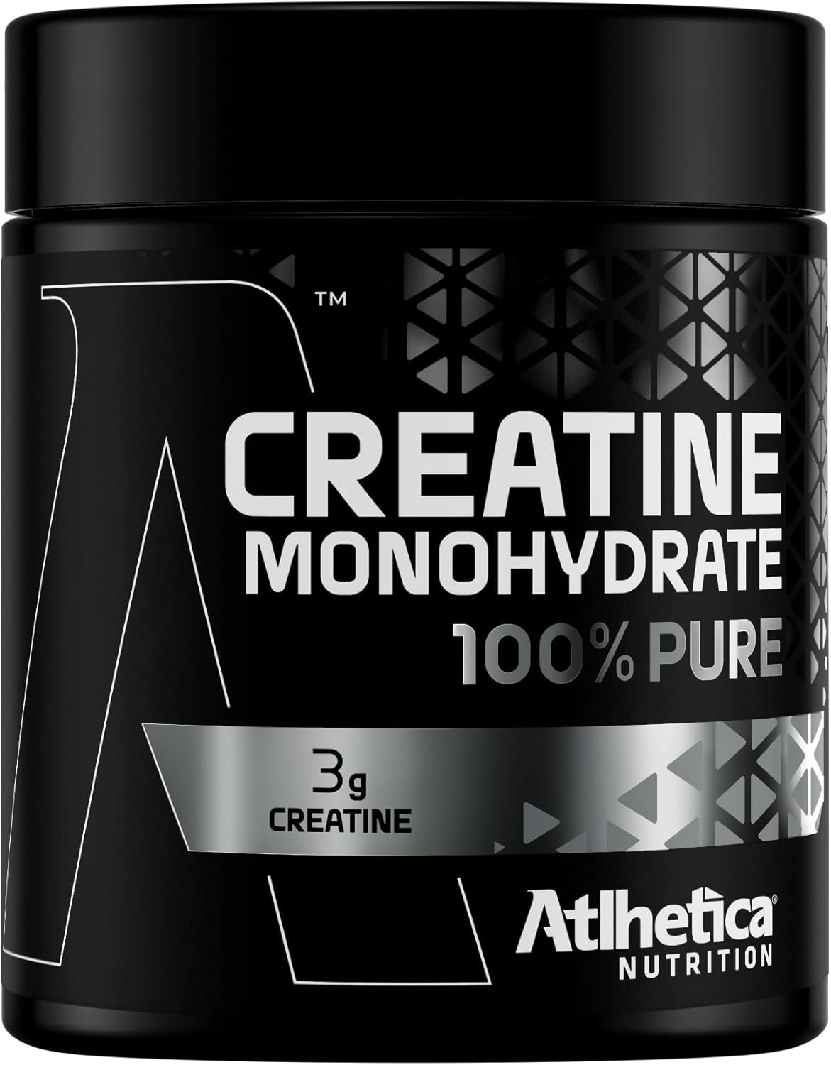 Creatina Atlhetica 300g. Pote 300g 100% pura em fundo branco com rótulo preto e prata.