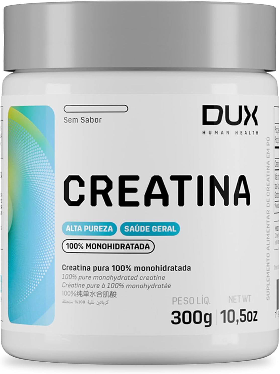 Creatina Dux Human. Pote de 300g sem sabor, embalagem branca e azul com tampa prata.