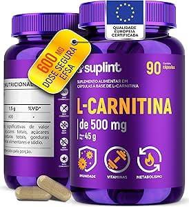 L-Carnitina 600 mg suplemento vegano em cápsulas para suporte à queima de gordura e energia, apresentado em frasco roxo com rótulo detalhado