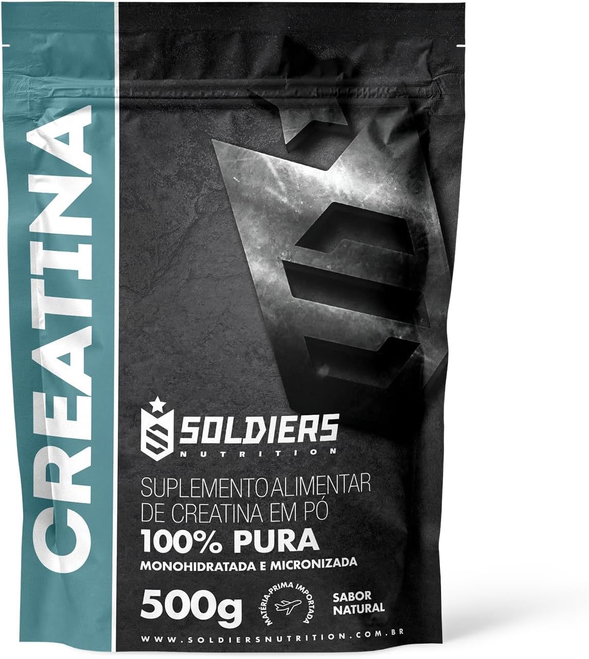 Creatina Monohidratada 500g. Embalagem de Creatina 500g Soldiers Nutrition - Suplemento em pó puro